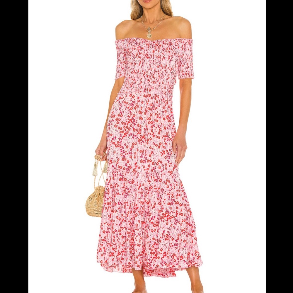 NWT Poupette St. Barth Soledad Off The Shoulder Smocked Midi Dress Sz S